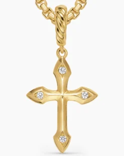 Petite Gothic Cross Amulet 18K Yellow Gold with Diamonds, 15.2mm