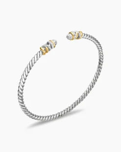 Petite Helena Classic Cable Bracelet Sterling Silver with 18K Yellow Gold and Diamonds, 3mm