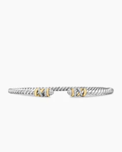 Petite Helena Classic Cable Bracelet Sterling Silver with 18K Yellow Gold and Diamonds, 3mm