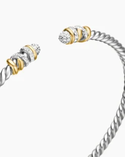 Petite Helena Classic Cable Bracelet Sterling Silver with 18K Yellow Gold and Diamonds, 3mm