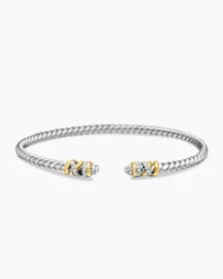 Petite Helena Classic Cable Bracelet Sterling Silver with 18K Yellow Gold and Diamonds, 3mm
