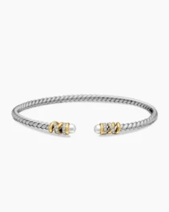 Petite Helena Classic Cable Bracelet Sterling Silver with 18K Yellow Gold, Pearls and Diamonds, 3mm