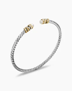 Petite Helena Classic Cable Bracelet Sterling Silver with 18K Yellow Gold, Pearls and Diamonds, 3mm