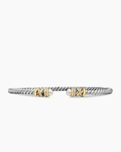 Petite Helena Classic Cable Bracelet Sterling Silver with 18K Yellow Gold, Pearls and Diamonds, 3mm