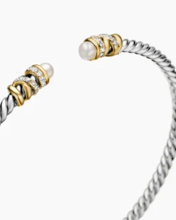 Petite Helena Classic Cable Bracelet Sterling Silver with 18K Yellow Gold, Pearls and Diamonds, 3mm