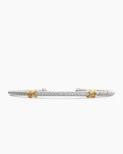 Petite Helena Classic Cable Station Bracelet Sterling Silver with 18K Yellow Gold with Diamonds, 3mm