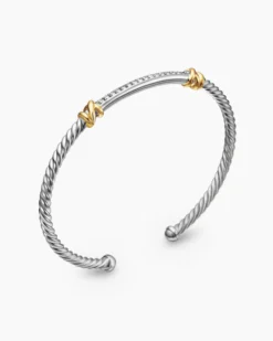 Petite Helena Classic Cable Station Bracelet Sterling Silver with 18K Yellow Gold with Diamonds, 3mm