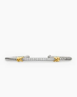 Petite Helena Classic Cable Station Bracelet Sterling Silver with 18K Yellow Gold with Diamonds, 3mm