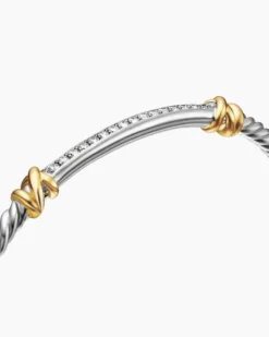 Petite Helena Classic Cable Station Bracelet Sterling Silver with 18K Yellow Gold with Diamonds, 3mm