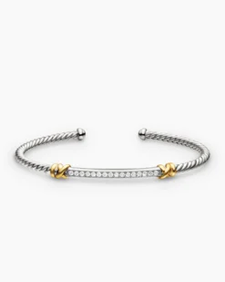Petite Helena Classic Cable Station Bracelet Sterling Silver with 18K Yellow Gold with Diamonds, 3mm