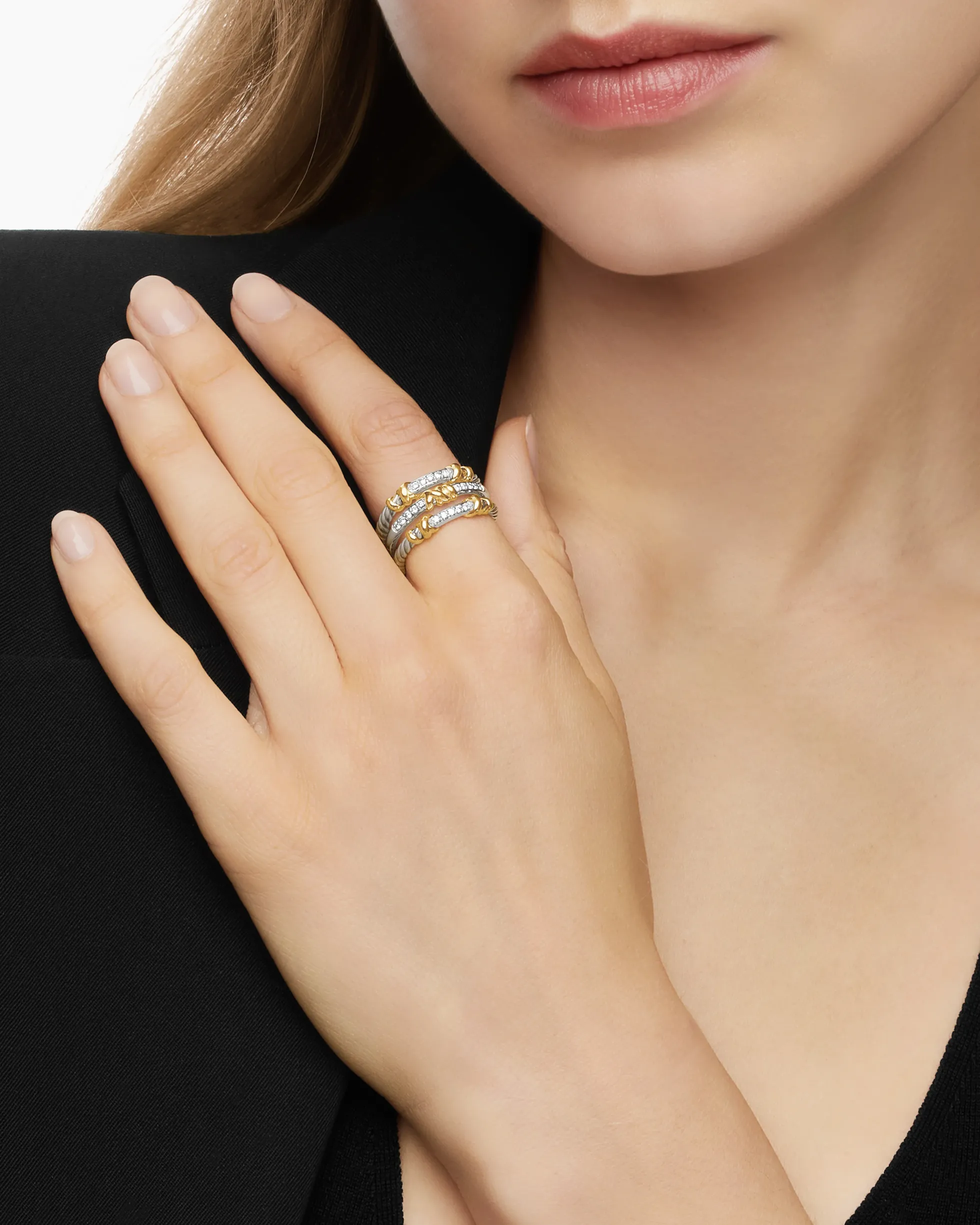 Petite Helena Wrap Three Row Ring Sterling Silver with 18K Yellow Gold and Diamonds, 12mm