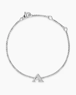 Petite Initial Chain Bracelet Sterling Silver with Diamond A