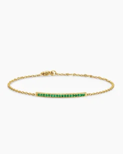 Petite Pavé Bar Bracelet 18K Yellow Gold with Emeralds, 1.7mm