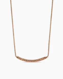 Petite Pavé Bar Necklace 18K Rose Gold with Cognac Diamonds, 1.25mm