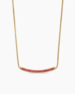 Petite Pavé Bar Necklace 18K Yellow Gold with Rubies, 1.25mm