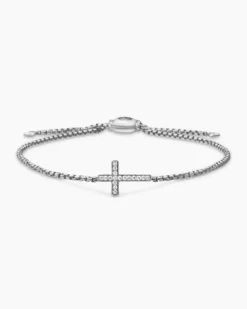 Petite Pavé Cross Chain Bracelet Sterling Silver with Diamonds, 1.7mm