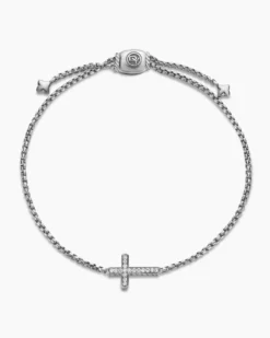 Petite Pavé Cross Chain Bracelet Sterling Silver with Diamonds, 1.7mm