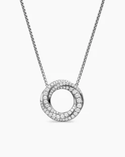 Petite Pavé Crossover Pendant Necklace 18K White Gold with Diamonds, 15.5mm