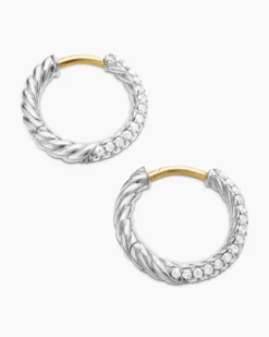 Petite Pavé Huggie Hoop Earrings Sterling Silver with Diamonds, 14mm