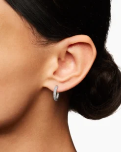 Petite Pavé Huggie Hoop Earrings Sterling Silver with Diamonds, 14mm