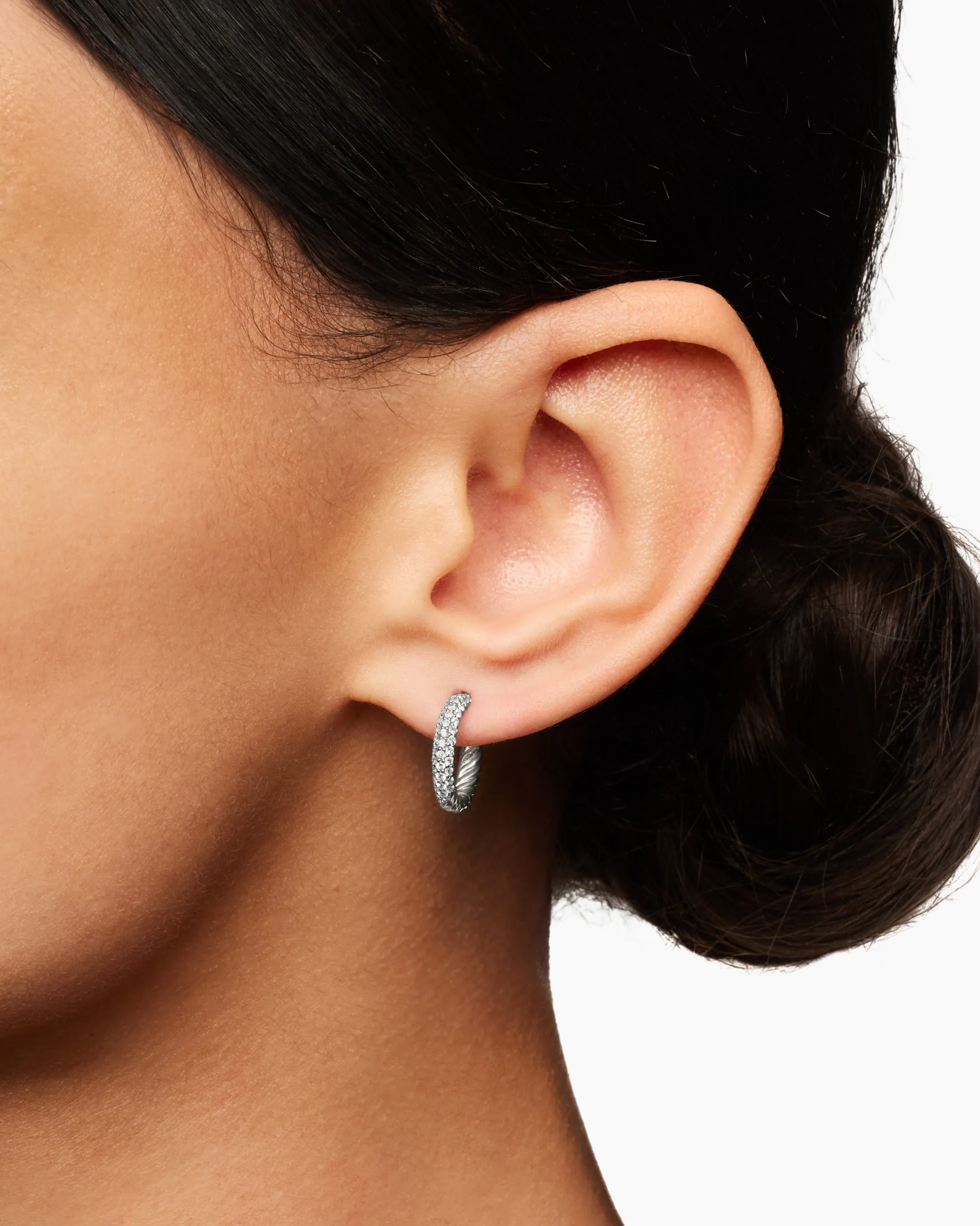 Petite Pavé Huggie Hoop Earrings Sterling Silver with Diamonds, 14mm