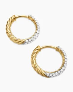 Petite Pavé Huggie Hoop Earrings 18K Yellow Gold with Diamonds, 14mm