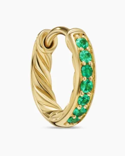 Petite Pavé Huggie Hoop Earrings 18K Yellow Gold with Emeralds, 12mm