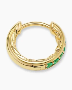 Petite Pavé Huggie Hoop Earrings 18K Yellow Gold with Emeralds, 12mm