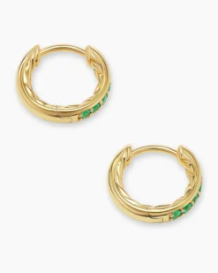 Petite Pavé Huggie Hoop Earrings 18K Yellow Gold with Emeralds, 12mm