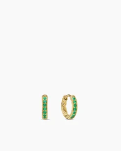 Petite Pavé Huggie Hoop Earrings 18K Yellow Gold with Emeralds, 12mm