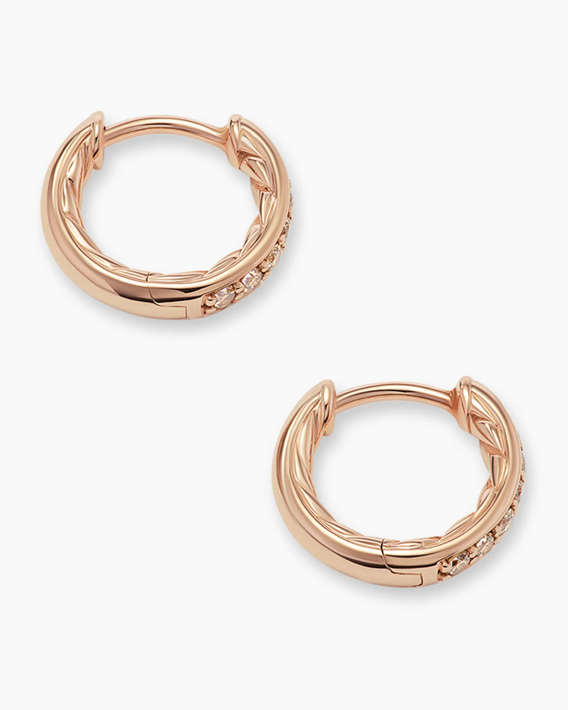 Petite Pavé Huggie Hoop Earrings 18K Rose Gold with Cognac Diamonds, 12mm