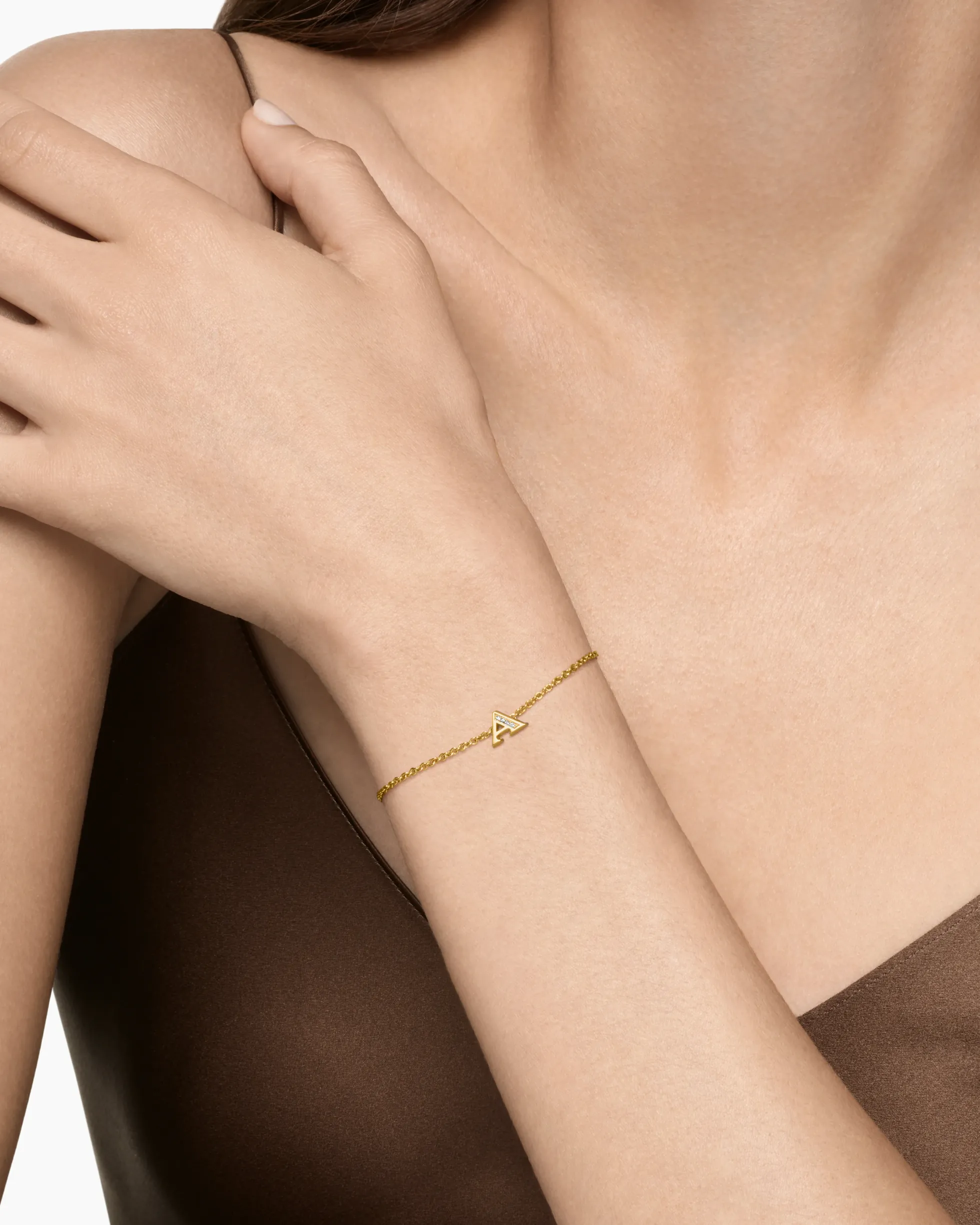 Petite Pavé Initial Chain Bracelet 18K Yellow Gold with Diamond A