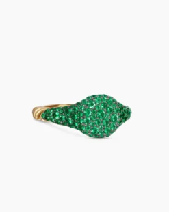 Petite Pavé Pinky Ring 18K Yellow Gold with Emeralds, 7mm