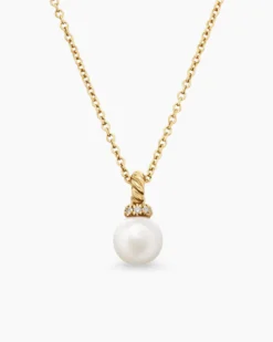 Petite Solari Pendant Necklace 18K Yellow Gold with Pearl and Diamonds, 6mm