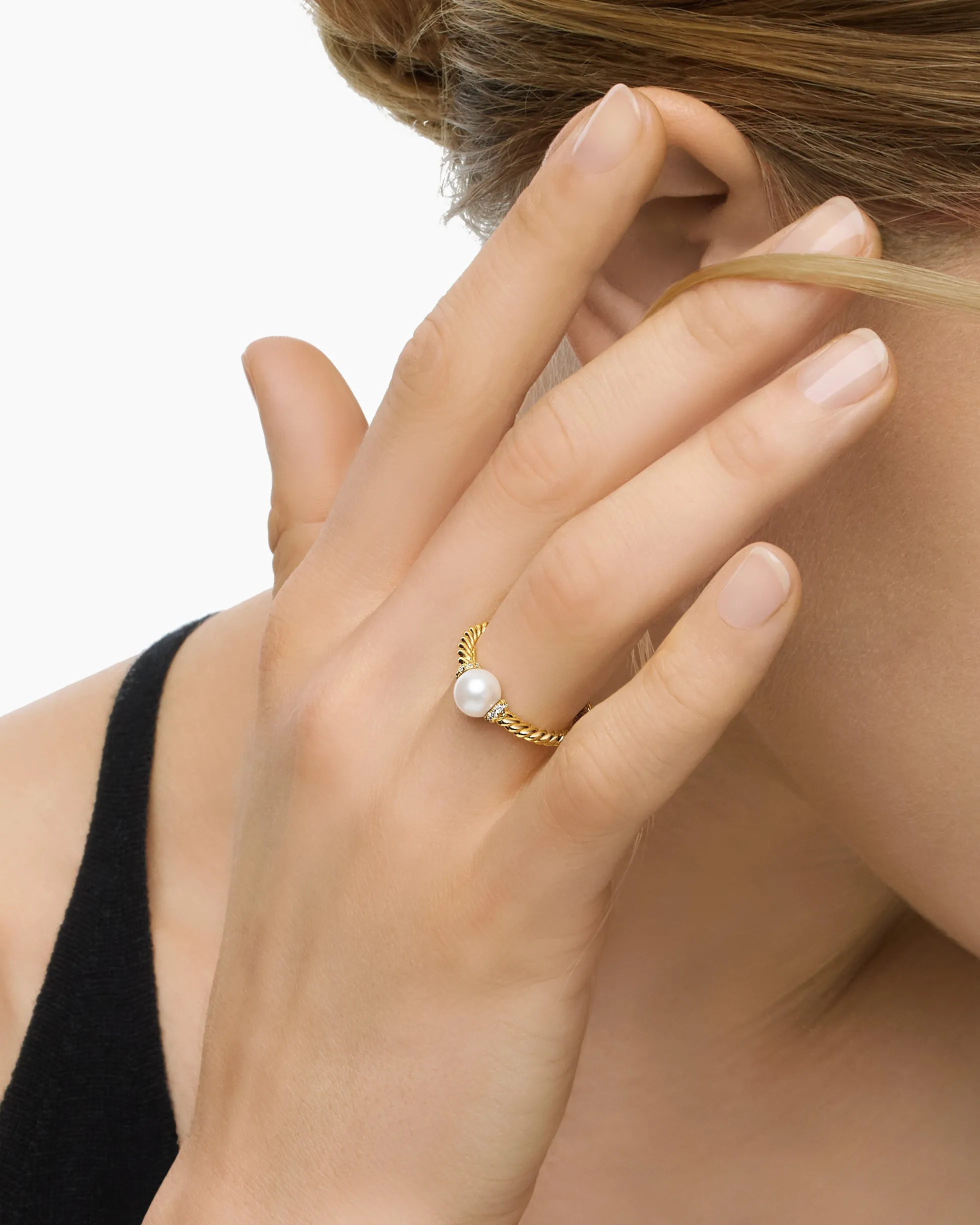Petite Solari Station Ring 18K Yellow Gold with Pearl and Diamonds, 2.3mm