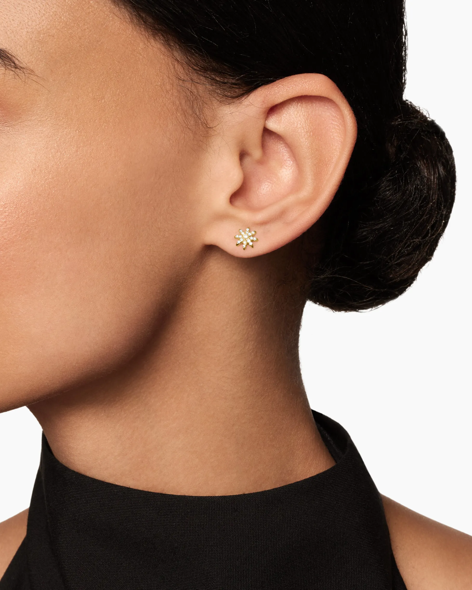 Petite Starburst Stud Earrings 18K Yellow Gold with Diamonds, 7.5mm