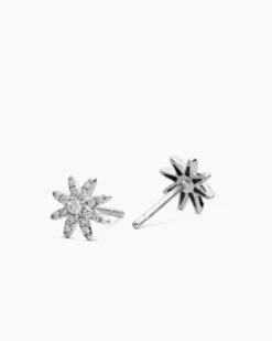 Petite Starburst Stud Earrings 18K White Gold with Diamonds, 7.5mm
