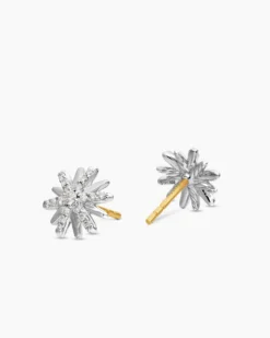 Petite Starburst Stud Earrings Sterling Silver with Diamonds, 10mm