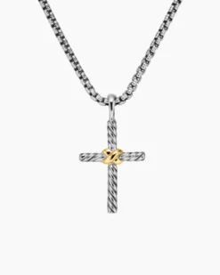 Petite X Cross Necklace Sterling Silver with 14K Yellow Gold, 24mm