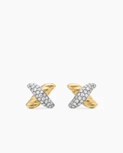 Petite X Stud Earrings 18K Yellow Gold with Diamonds, 8.4mm