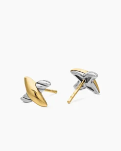 Petite X Stud Earrings Sterling Silver with 18K Yellow Gold, 7.5mm