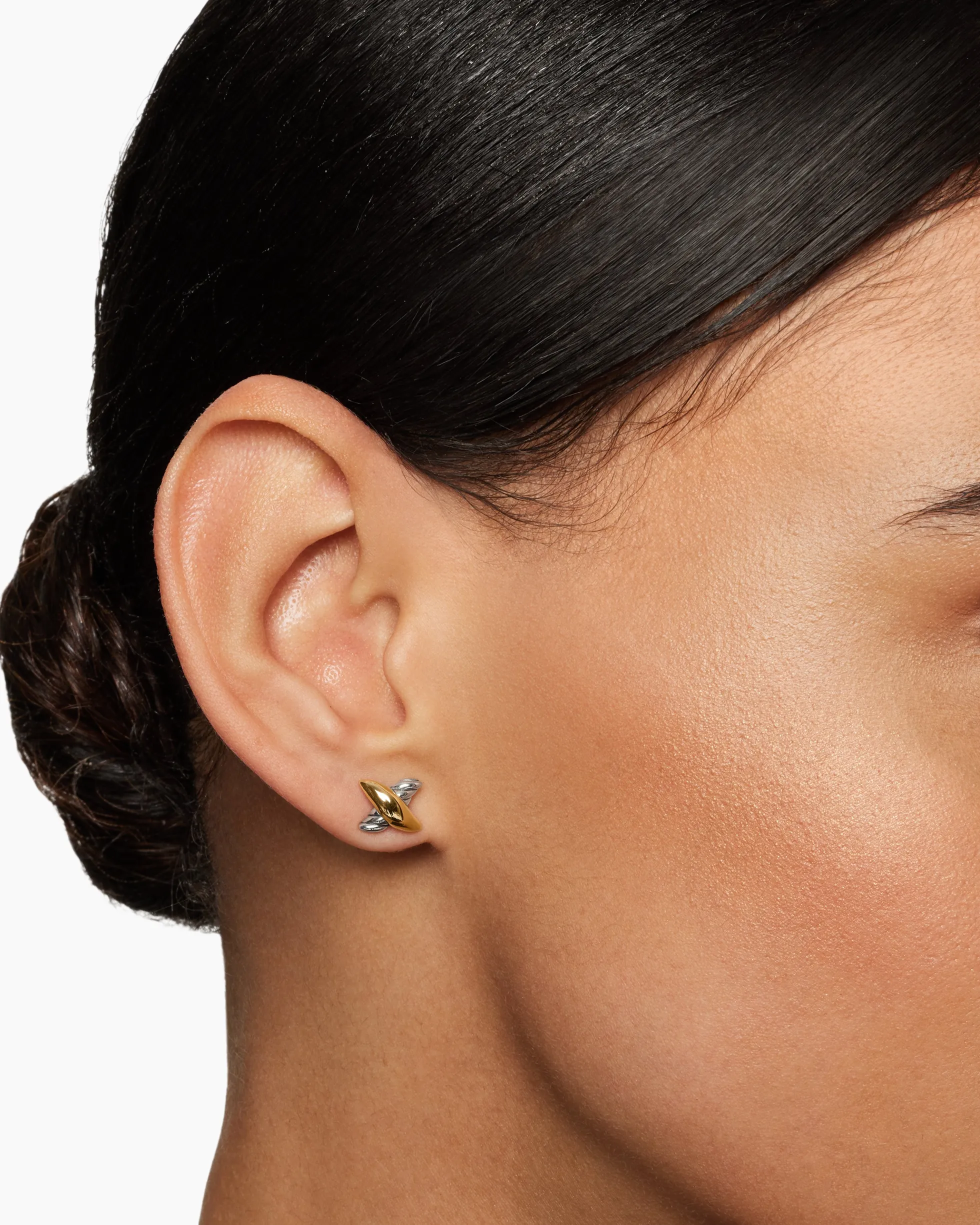 Petite X Stud Earrings Sterling Silver with 18K Yellow Gold, 7.5mm