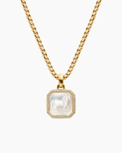 Petrvs® Horse Amulet 18K Yellow Gold with Mother of Pearl and Diamonds, 16.4mm