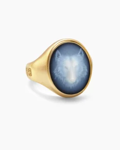 Petrvs® Wolf Signet Ring 18K Yellow Gold with Banded Agate, 21.5mm
