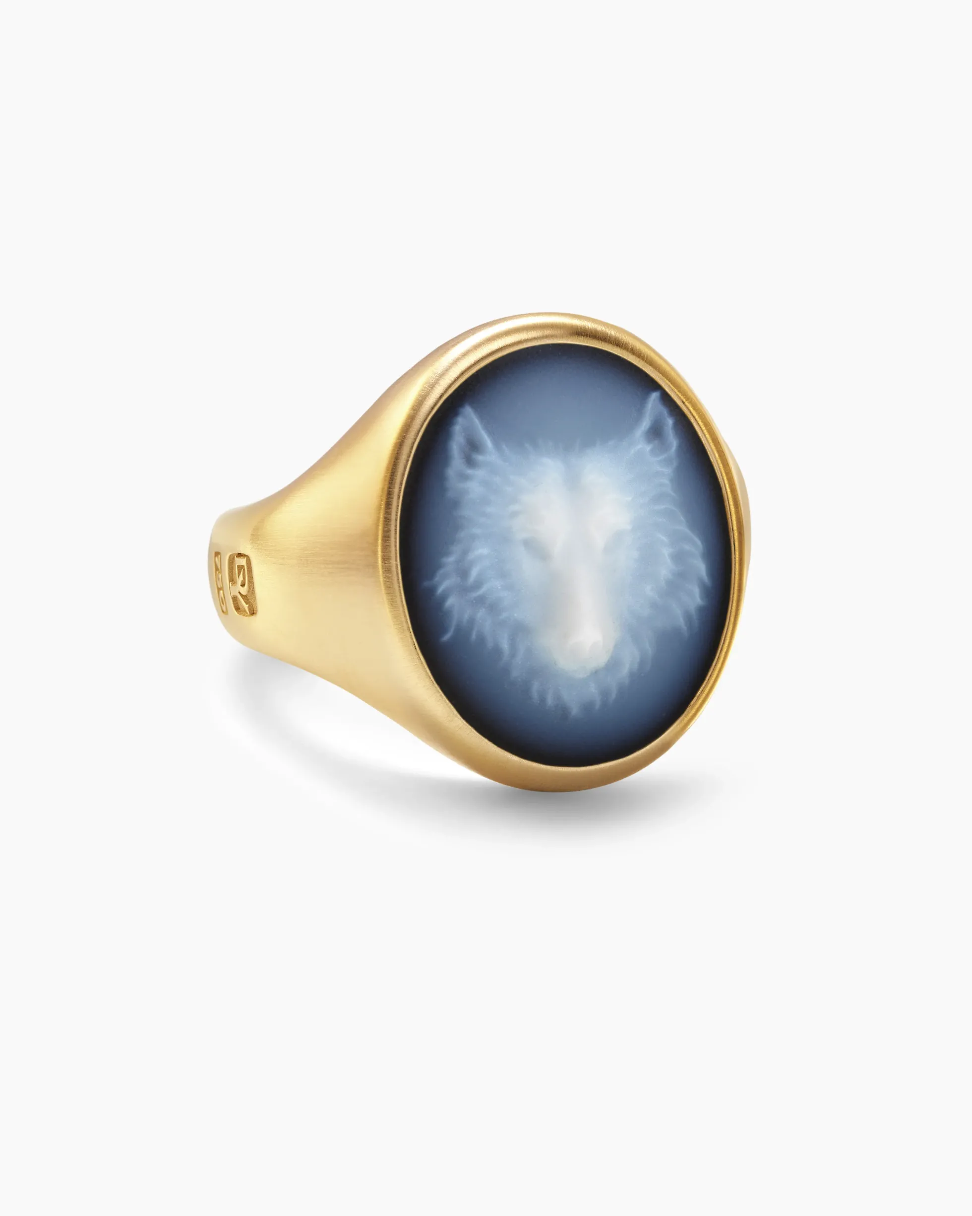 Petrvs® Wolf Signet Ring 18K Yellow Gold with Banded Agate, 21.5mm