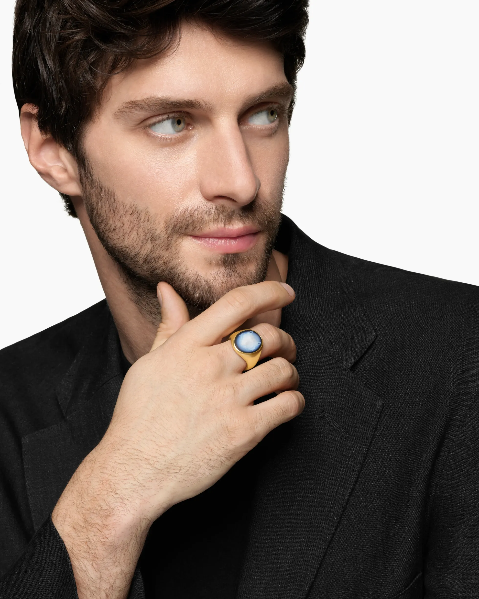 Petrvs® Wolf Signet Ring 18K Yellow Gold with Banded Agate, 21.5mm