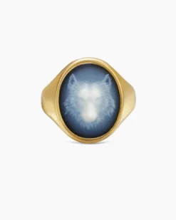 Petrvs® Wolf Signet Ring 18K Yellow Gold with Banded Agate, 21.5mm