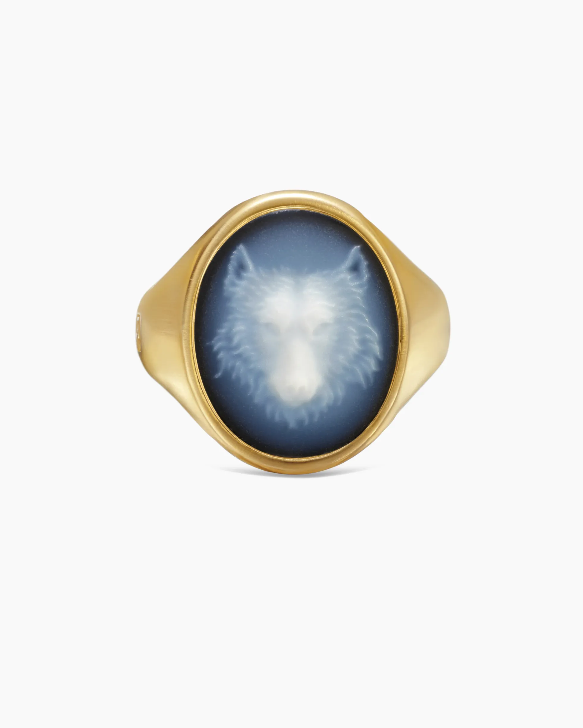 Petrvs® Wolf Signet Ring 18K Yellow Gold with Banded Agate, 21.5mm