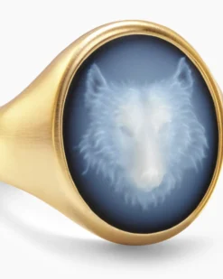Petrvs® Wolf Signet Ring 18K Yellow Gold with Banded Agate, 21.5mm