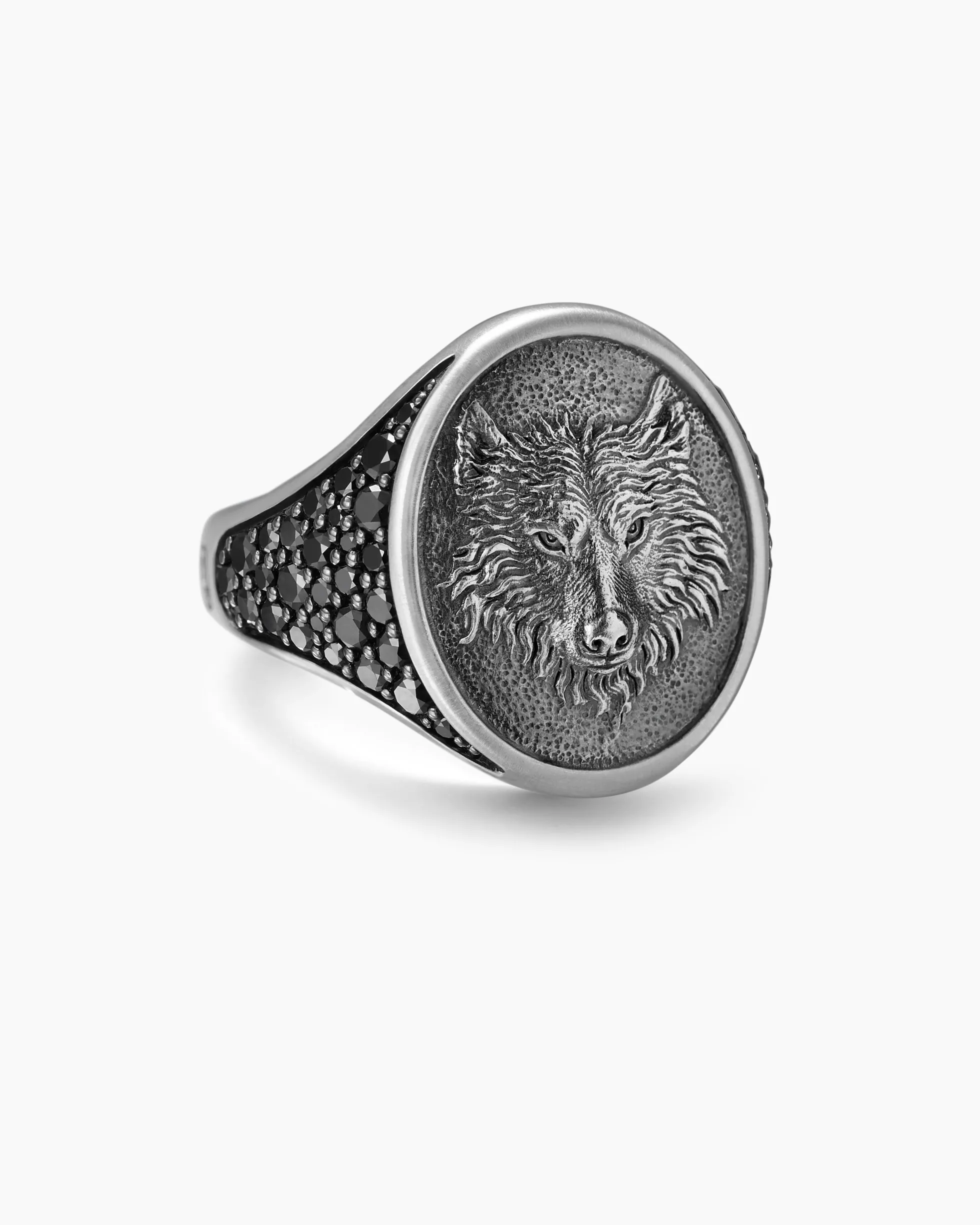 Petrvs® Wolf Signet Ring Sterling Silver with Black Diamonds, 21.5mm